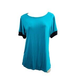SARIN MATHEWS Black Teal Short Sleeve Basic Blouse‎ Shirt Top Tee Women's M